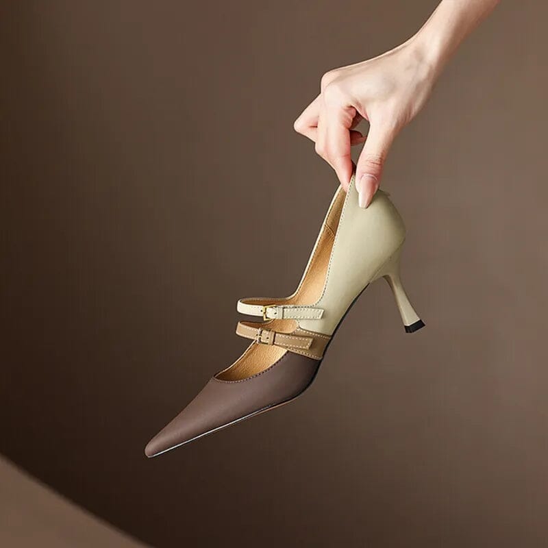 Sapato Feminino De Couro Bicolor Salto Alto - Marbella Florelle Marrom e Bege 32 